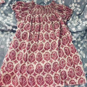 Vintage looking smocked linen like Easter maroon taupe frock dress
